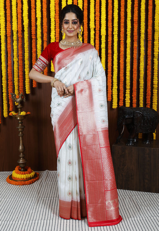 White with Red Border Kanjivaram Silk Saree With Blouse Piece