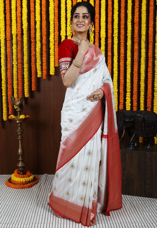 White with Red Border Kanjivaram Silk Saree With Blouse Piece