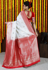 White with Red Border Kanjivaram Silk Saree With Blouse Piece