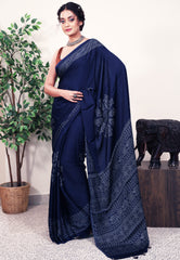 Navy Blue Ajrakh print in Modal Silk Saree With Blouse Piece