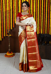 Off White Brocade with Red Border Kanjivaram Silk Saree With Blouse Piece