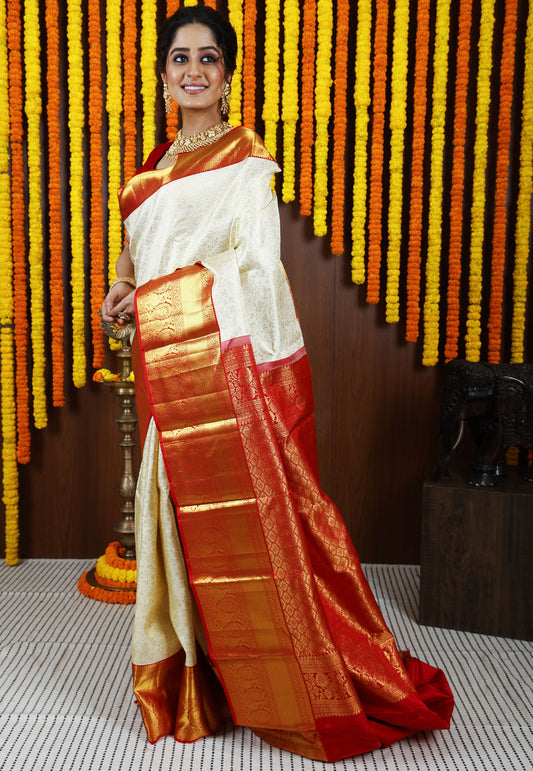 Off White Brocade with Red Border Kanjivaram Silk Saree With Blouse Piece