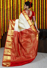 Off White Brocade with Red Border Kanjivaram Silk Saree With Blouse Piece