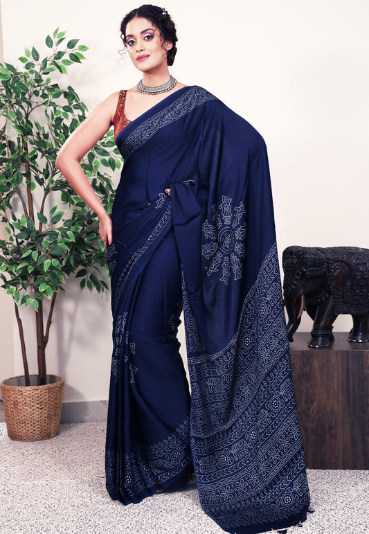 Navy Blue Ajrakh print in Modal Silk Saree With Blouse Piece