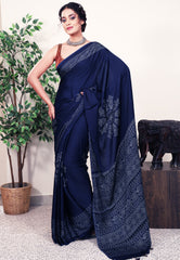 Navy Blue Ajrakh print in Modal Silk Saree With Blouse Piece