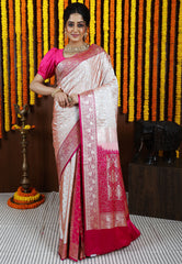 Tussar with Rani Pink Border Korial Patli Banarasi Silk Saree With Blouse Piece