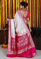 Tussar with Rani Pink Border Korial Patli Banarasi Silk Saree With Blouse Piece