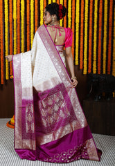 Off White with Magenta border Korial Patli Banarasi Silk Saree With Blouse Piece