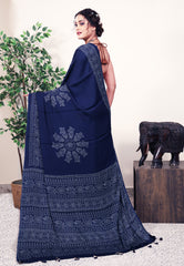 Navy Blue Ajrakh print in Modal Silk Saree With Blouse Piece