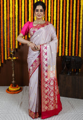 Beige Pastel Banarasi Silk Saree With Blouse Piece