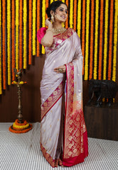 Beige Pastel Banarasi Silk Saree With Blouse Piece