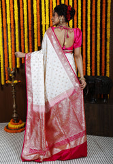 Cream with Rani Pink Border Korial Banarasi Silk Saree With Blouse Piece