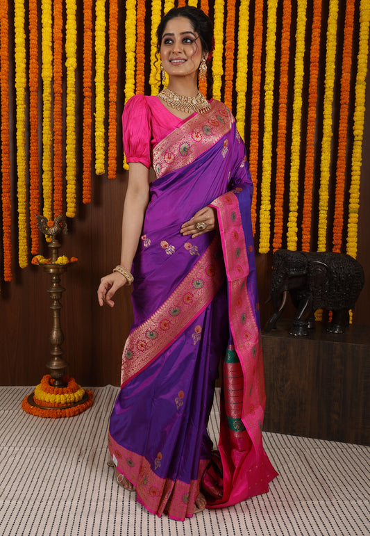 Purple Minakari with Rani Pink Border Kadwa Katan Silk Saree With Blouse Piece