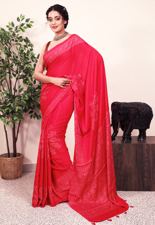 Red Ajrakh print in Modal Silk Saree With Blouse Piece