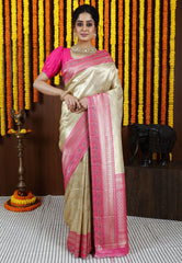 Golden with Rani Pink Border Tissue Kanjivaram Silk Saree With Blouse Piece