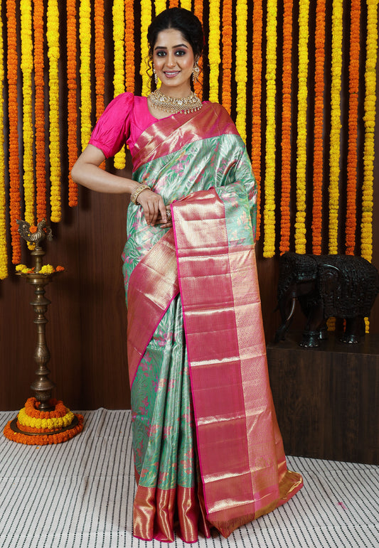 Sea Green Brocade with Rani Pink Border Tissue Kanjivaram Pure Silk Saree With Blouse Piece