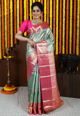 Sea Green Brocade with Rani Pink Border Tissue Kanjivaram Pure Silk Saree With Blouse Piece