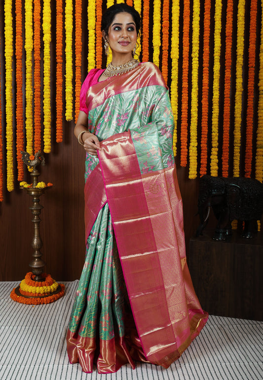 Sea Green Brocade with Rani Pink Border Tissue Kanjivaram Pure Silk Saree With Blouse Piece