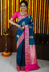 Peacock Blue Minakari with Rani Pink Border Kadwa Katan Silk Saree With Blouse Piece