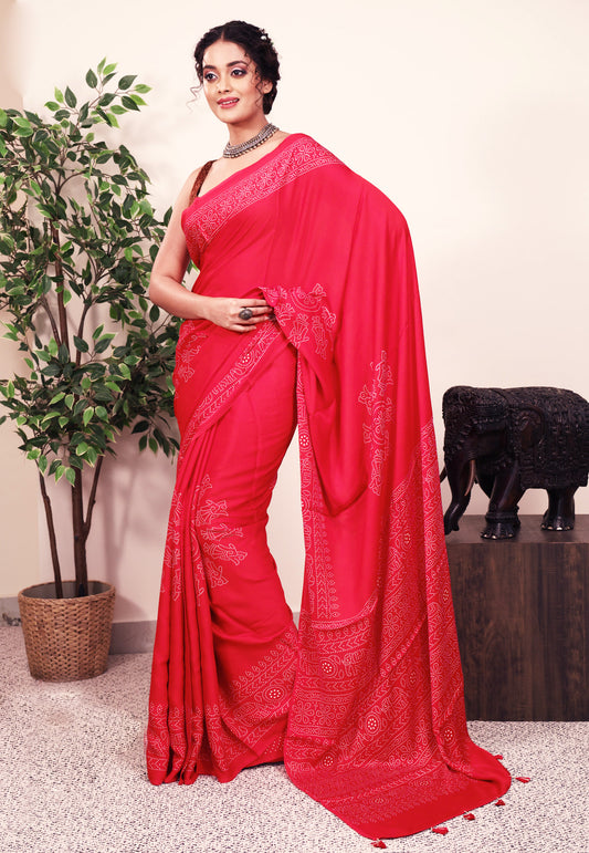 Red Ajrakh print in Modal Silk Saree With Blouse Piece