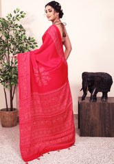 Red Ajrakh print in Modal Silk Saree With Blouse Piece