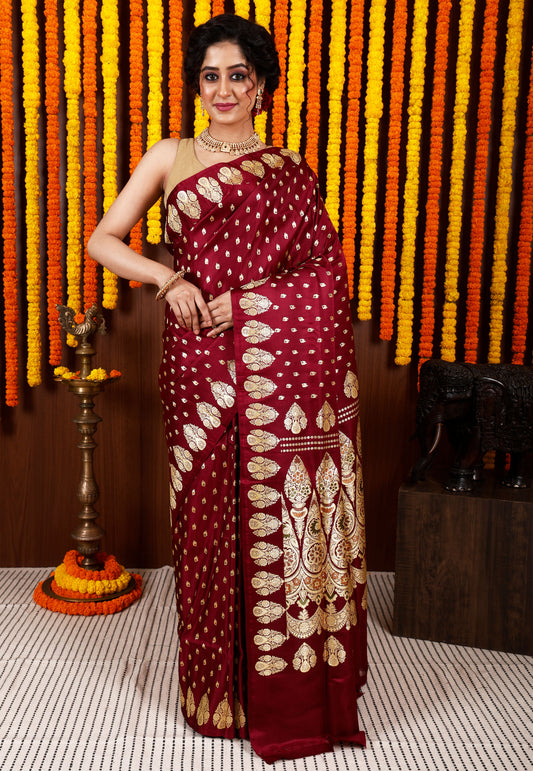 Maroon Wedding Banarasi Silk Saree with Blouse Piece