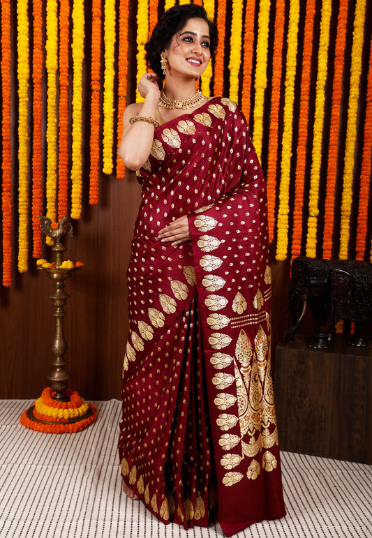 Maroon Wedding Banarasi Silk Saree with Blouse Piece