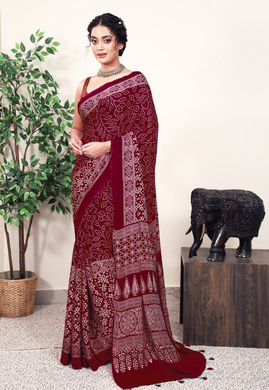 Maroon Ajrakh print in Modal Silk Saree With Blouse Piece