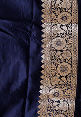 Cream with Navy Blue Korial Banarasi Silk Saree With Blouse Piece