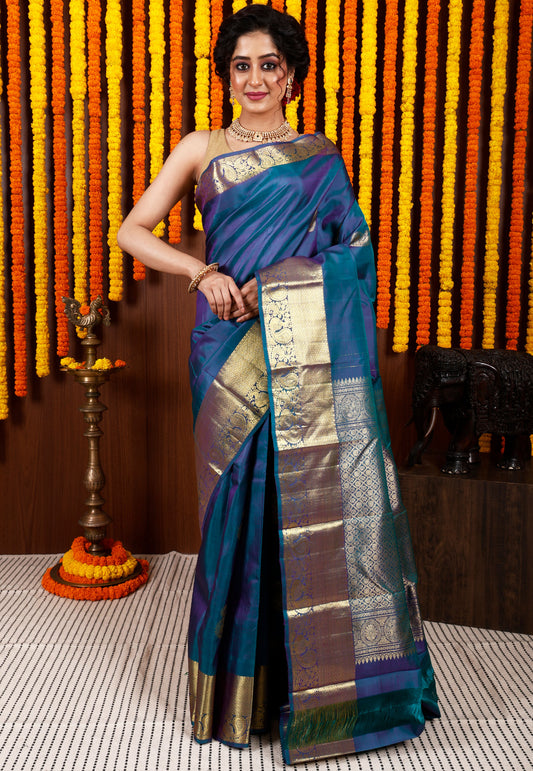 Peacock Blue  Kanjivaram Silk Saree With Blouse Piece