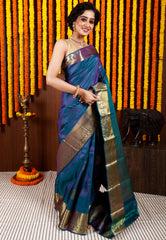 Peacock Blue  Kanjivaram Silk Saree With Blouse Piece