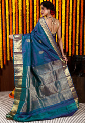 Peacock Blue  Kanjivaram Silk Saree With Blouse Piece