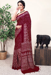 Maroon Ajrakh print in Modal Silk Saree With Blouse Piece