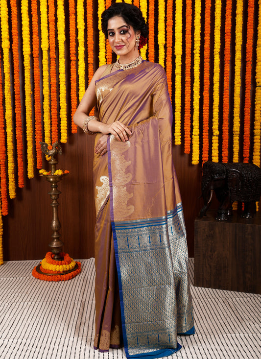 Dual shades of Mustard and Purple Kanjivaram Silk Saree With Blouse Piece