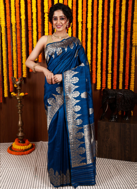 Turquoise Blue Tussar Pure Silk Saree with Blouse Piece