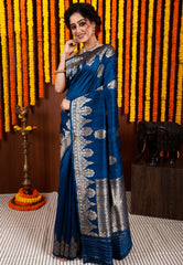 Turquoise Blue Tussar Pure Silk Saree with Blouse Piece