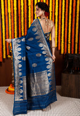 Turquoise Blue Tussar Pure Silk Saree with Blouse Piece