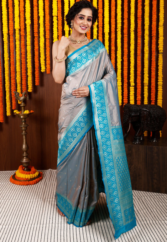 Grey Base Kanjivaram Silk Saree With Blouse Piece