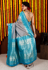Grey Base Kanjivaram Silk Saree With Blouse Piece