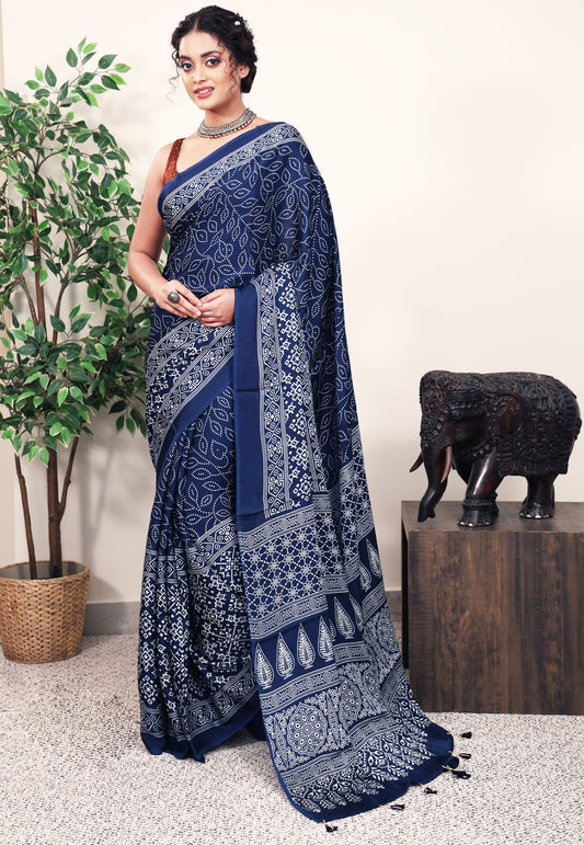 Navy Blue Ajrakh print in Modal Silk Saree With Blouse Piece