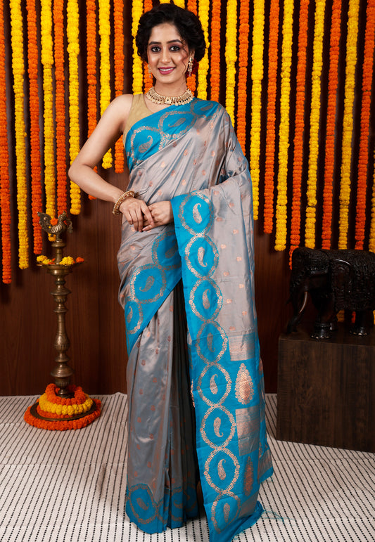 Grey with Feroza Blue Border Base Kanjivaram Silk Saree With Blouse Piece