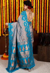 Grey with Feroza Blue Border Base Kanjivaram Silk Saree With Blouse Piece