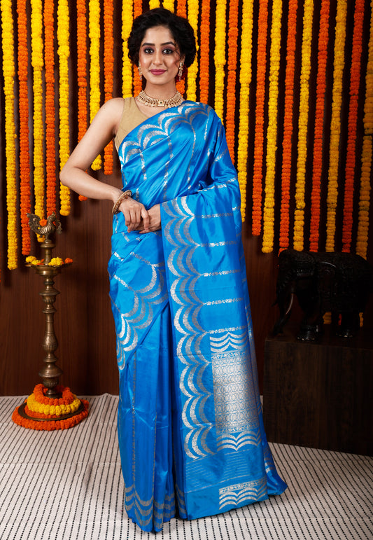 Feroza Blue Katan Silk Saree With Blouse Piece