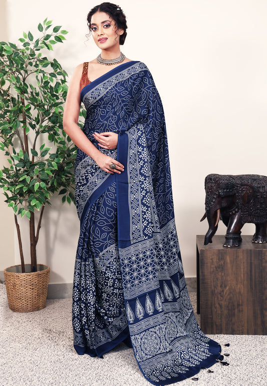 Navy Blue Ajrakh print in Modal Silk Saree With Blouse Piece