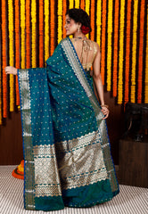 Peacock Blue Katan Silk Saree With Blouse Piece