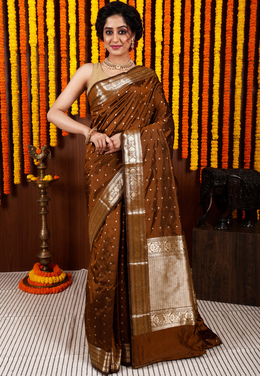 Brown Katan Silk Saree With Blouse Piece