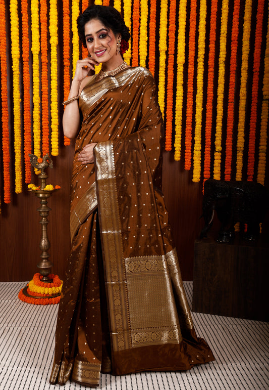 Brown Katan Silk Saree With Blouse Piece