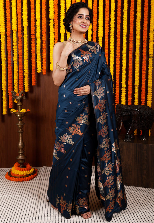 Deep Turquoise Blue Katan Silk Saree With Blouse Piece