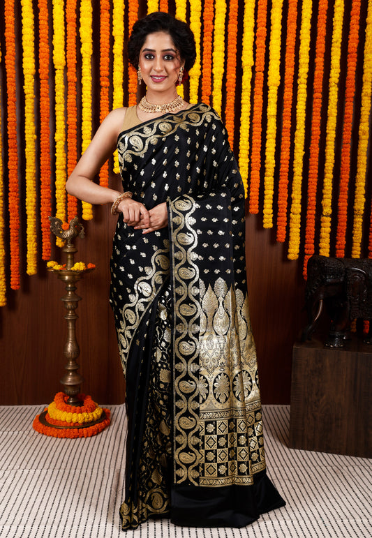 Black Wedding Banarasi Silk Saree with Blouse Piece