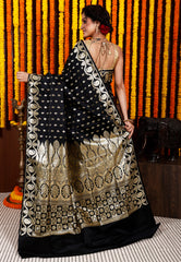 Black Wedding Banarasi Silk Saree with Blouse Piece